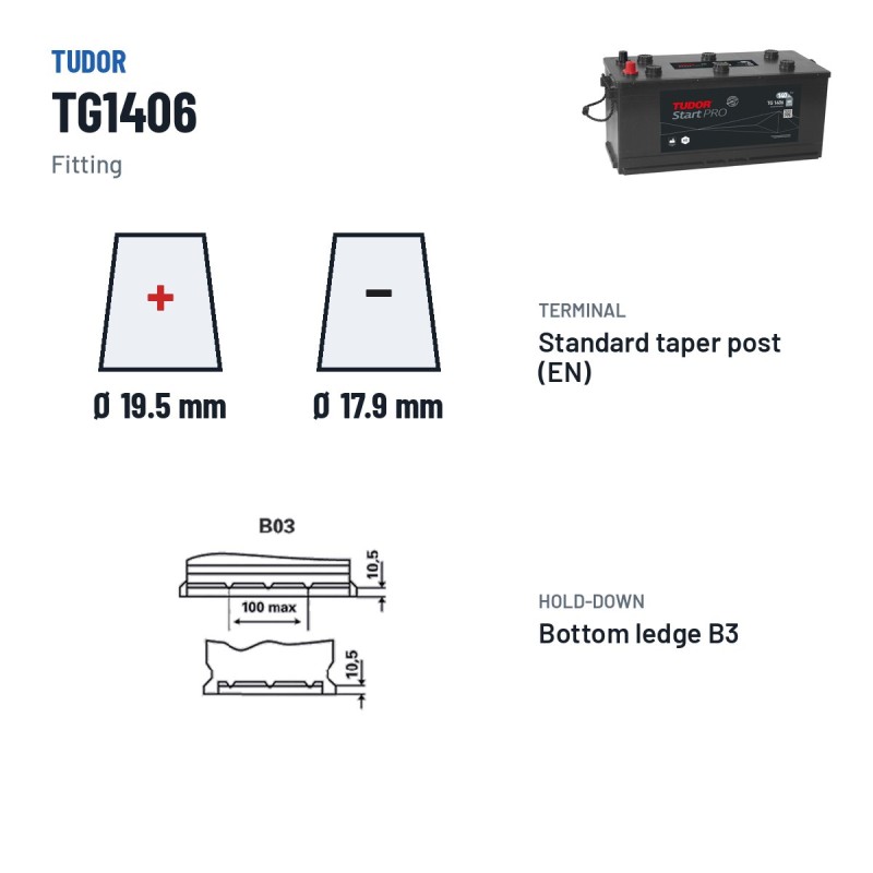 Batterie camion Tudor TG1406 12V 140Ah 800A | baterias.com