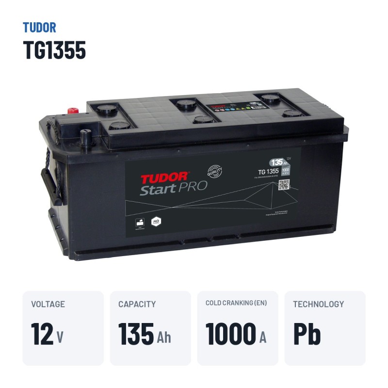 Bateria de camião Tudor TG1355 12V 135Ah 1000A – dados principais