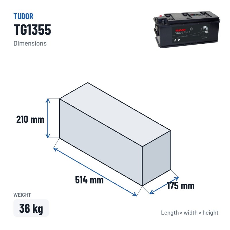 Bateria de camião Tudor TG1355 12V 135Ah 1000A – medidas 514 × 175 × 210 mm