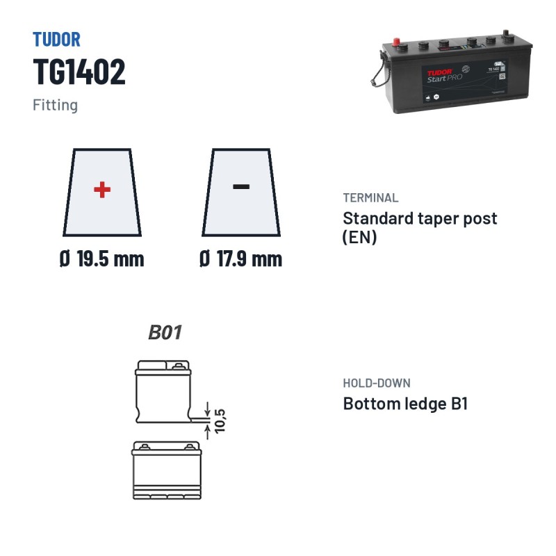 Batterie camion Tudor TG1402 12V 140Ah 900A – bornes et fixation