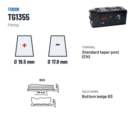 Bateria de camião Tudor TG1355 12V 135Ah 1000A – terminal e fixação
