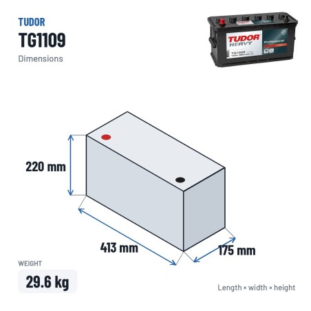Batterie camion Tudor TG1109 12V 110Ah 800A – dimensions 413 × 175 × 220 mm