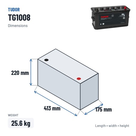 Batteria camion Tudor TG1008 12V 100Ah 680A – dimensioni 413 × 175 × 220 mm