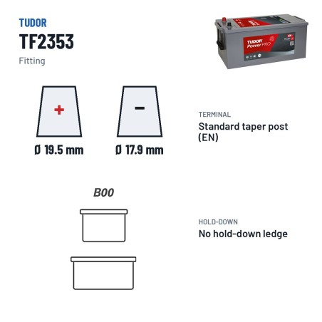 Truck battery Tudor TF2353 12V 235Ah 1300A – terminal and hold-down