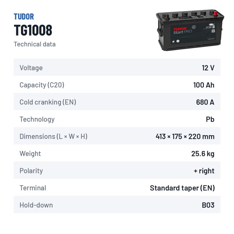 Truck battery Tudor TG1008 12V 100Ah 680A – technical data