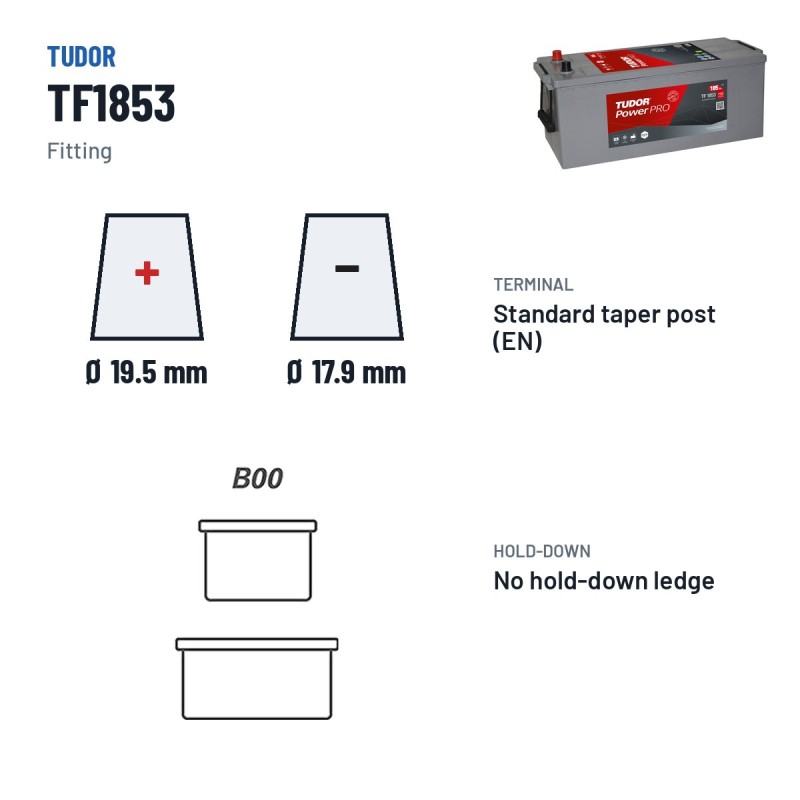 Batterie camion Tudor TF1853 12V 185Ah 1150A – bornes et fixation
