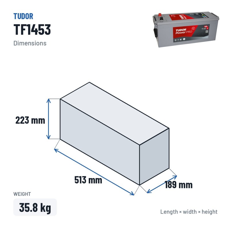 LKW-Batterie Tudor TF1453 12V 145Ah 900A – Abmessungen 513 × 189 × 223 mm