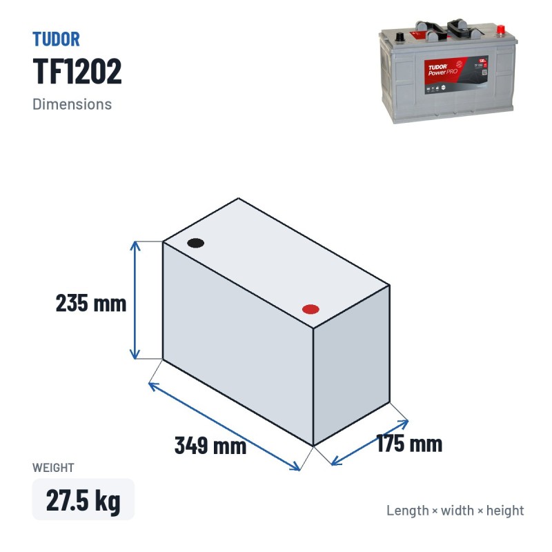 Batería de camión Tudor TF1202 12V 120Ah 870A – medidas 349 × 175 × 235 mm