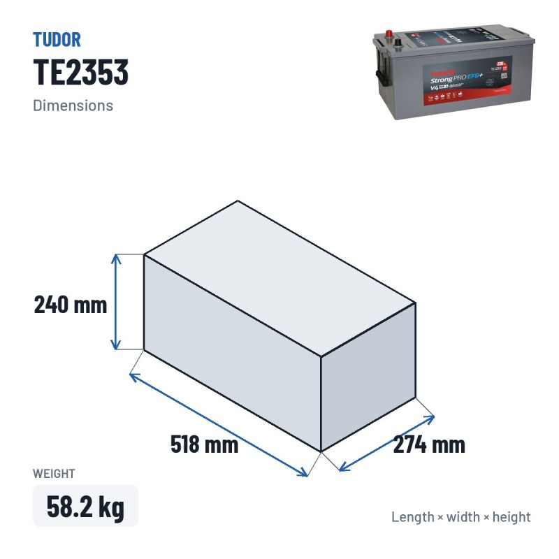 Batteria camion Tudor TE2353 12V 235Ah 1200A EFB – dimensioni 518 × 274 × 240 mm