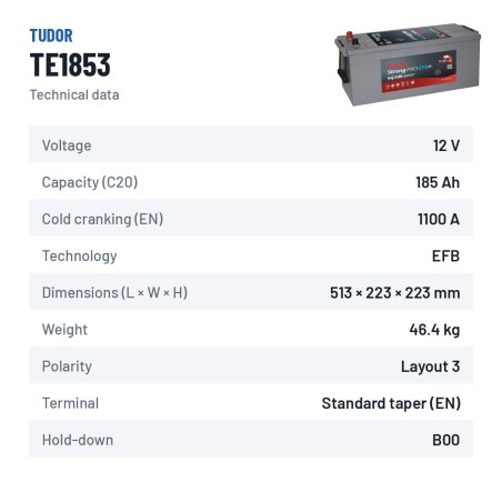 Batterie camion Tudor TE1853 12V 185Ah 1100A EFB – fiche technique