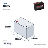 Autobatterie Tudor TB955 12V 95Ah 760A – Abmessungen 306 × 173 × 222 mm