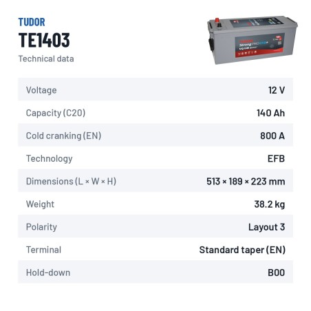 Truck battery Tudor TE1403 12V 140Ah 800A EFB – technical data