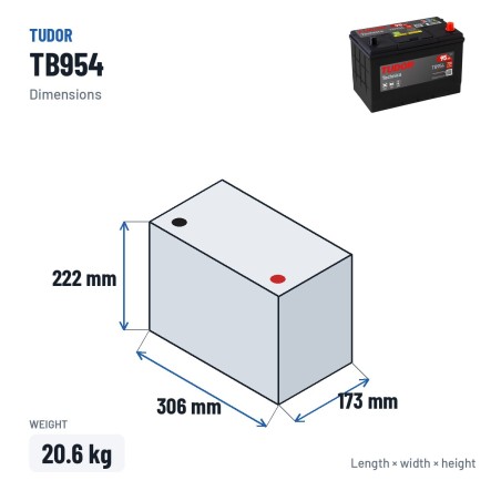 Batteria auto Tudor TB954 12V 95Ah 760A – dimensioni 306 × 173 × 222 mm