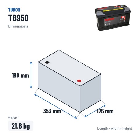 Autobatterie Tudor TB950 12V 95Ah 800A – Abmessungen 353 × 175 × 190 mm