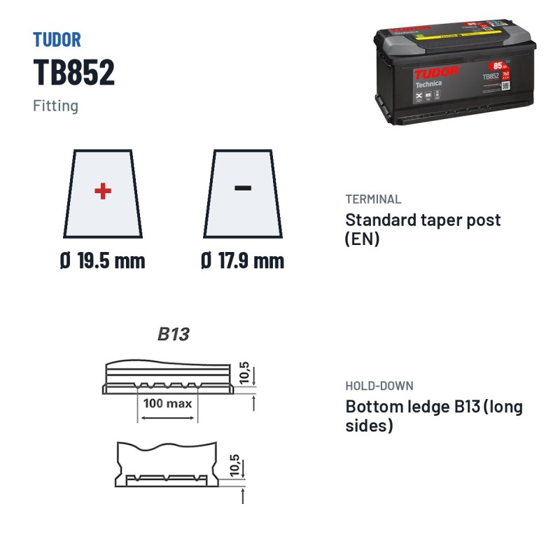 Batería de coche Tudor TB852 12V 85Ah 760A – borne y sujeción