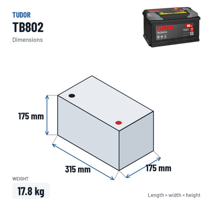 Bateria de carro Tudor TB802 12V 80Ah 700A – medidas 315 × 175 × 175 mm