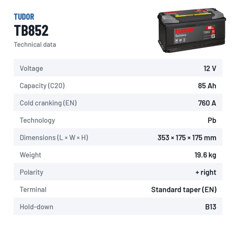 Car battery Tudor TB852 12V 85Ah 760A – technical data