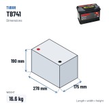 Bateria de carro Tudor TB741 12V 74Ah 680A – medidas 278 × 175 × 190 mm