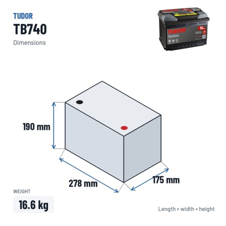 Batería de coche Tudor TB740 12V 74Ah 680A – medidas 278 × 175 × 190 mm