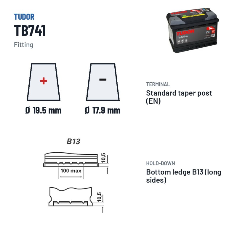 Autobatterie Tudor TB741 12V 74Ah 680A – Pole und Befestigung