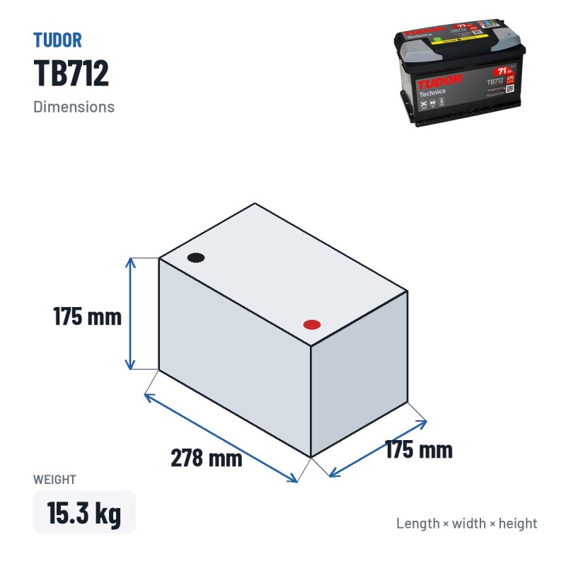 Batterie voiture Tudor TB712 12V 71Ah 670A – dimensions 278 × 175 × 175 mm