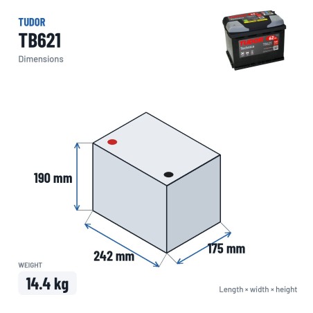 Bateria de carro Tudor TB621 12V 62Ah 540A – medidas 242 × 175 × 190 mm