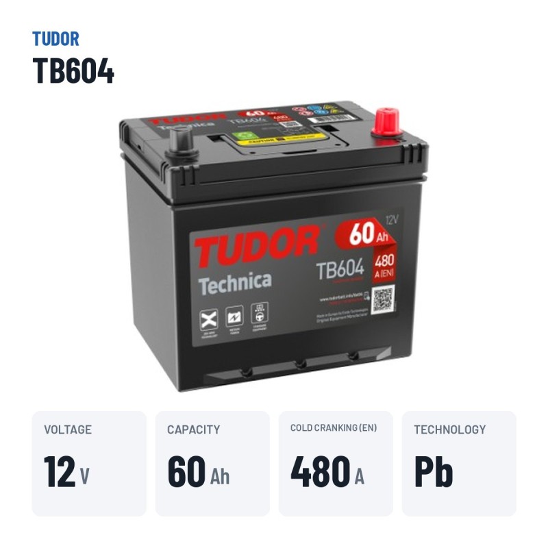 Car battery Tudor TB604 12V 60Ah 480A – key specs