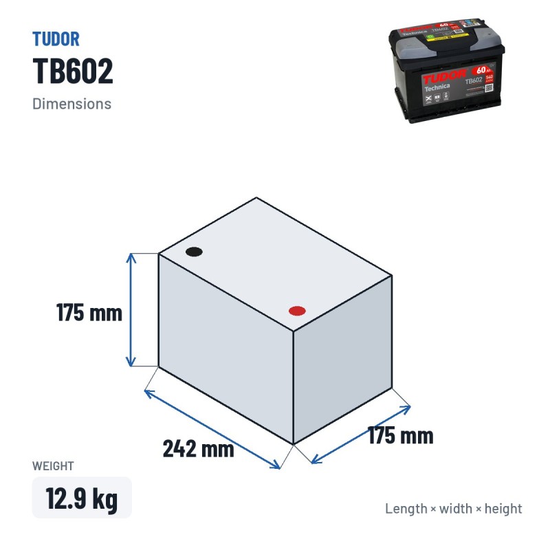 Batterie voiture Tudor TB602 12V 60Ah 540A – dimensions 242 × 175 × 175 mm
