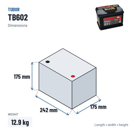 Batterie voiture Tudor TB602 12V 60Ah 540A – dimensions 242 × 175 × 175 mm