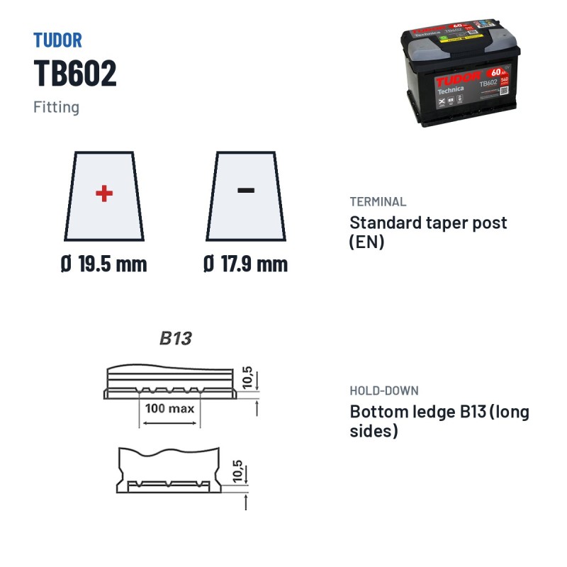 Batería de coche Tudor TB602 12V 60Ah 540A – borne y sujeción