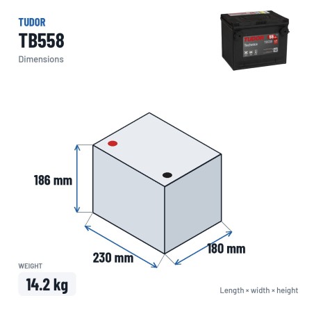 Bateria de carro Tudor TB558 12V 55Ah 620A – medidas 230 × 180 × 186 mm