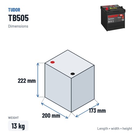 Bateria de carro Tudor TB505 12V 50Ah 360A – medidas 200 × 173 × 222 mm
