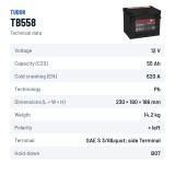 Car battery Tudor TB558 12V 55Ah 620A – technical data
