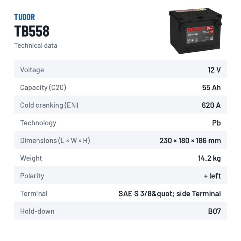 Bateria de carro Tudor TB558 12V 55Ah 620A – ficha técnica