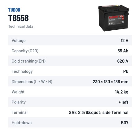 Bateria de carro Tudor TB558 12V 55Ah 620A – ficha técnica