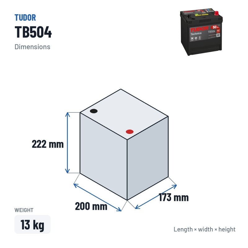 Bateria de carro Tudor TB504 12V 50Ah 360A – medidas 200 × 173 × 222 mm
