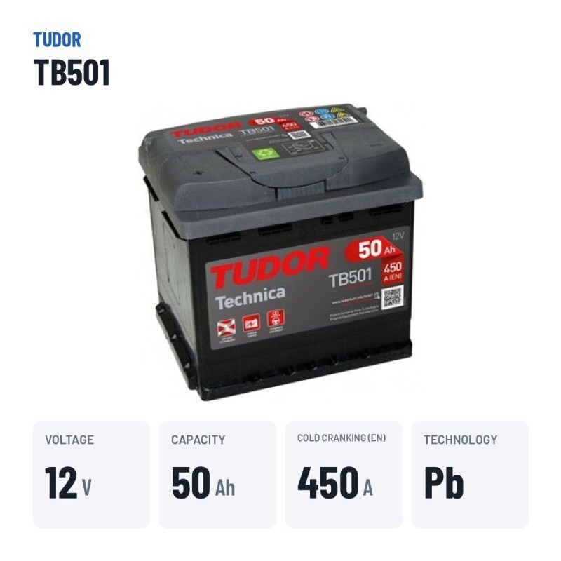Batteria auto Tudor TB501 12V 50Ah 450A – dati principali