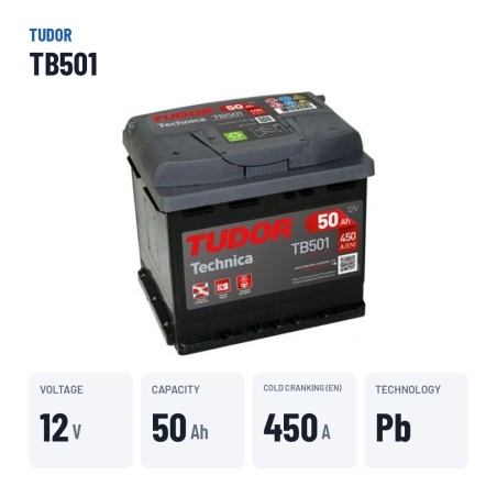 Car battery Tudor TB501 12V 50Ah 450A – key specs