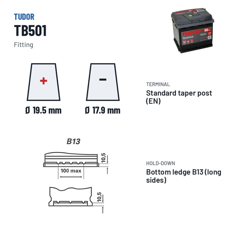 Batteria auto Tudor TB501 12V 50Ah 450A – terminali e fissaggio