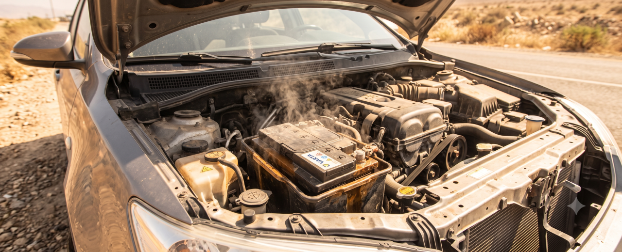 Batería de coche sometida al calor del verano